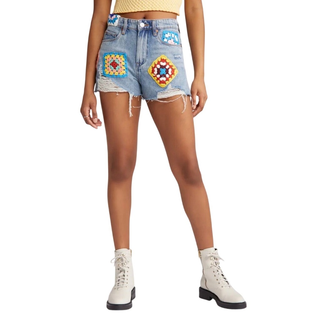 BLANKNYC Girls Size 8 Crochet Patch Denim Shorts Blue Distressed Granny Square